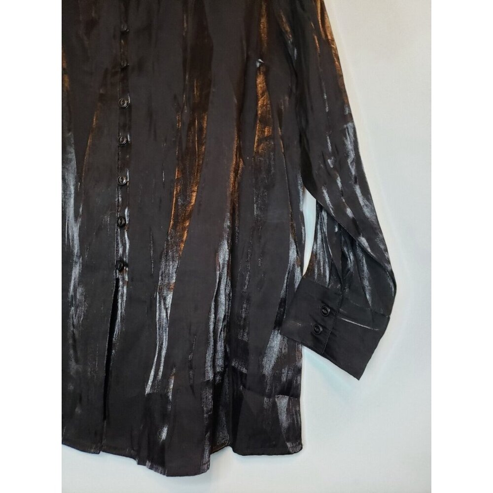 Studio C Womens Plus 18 / 20 Blouse Button Front Long Sleeve Black Shiny Sheer - Picture 3 of 5